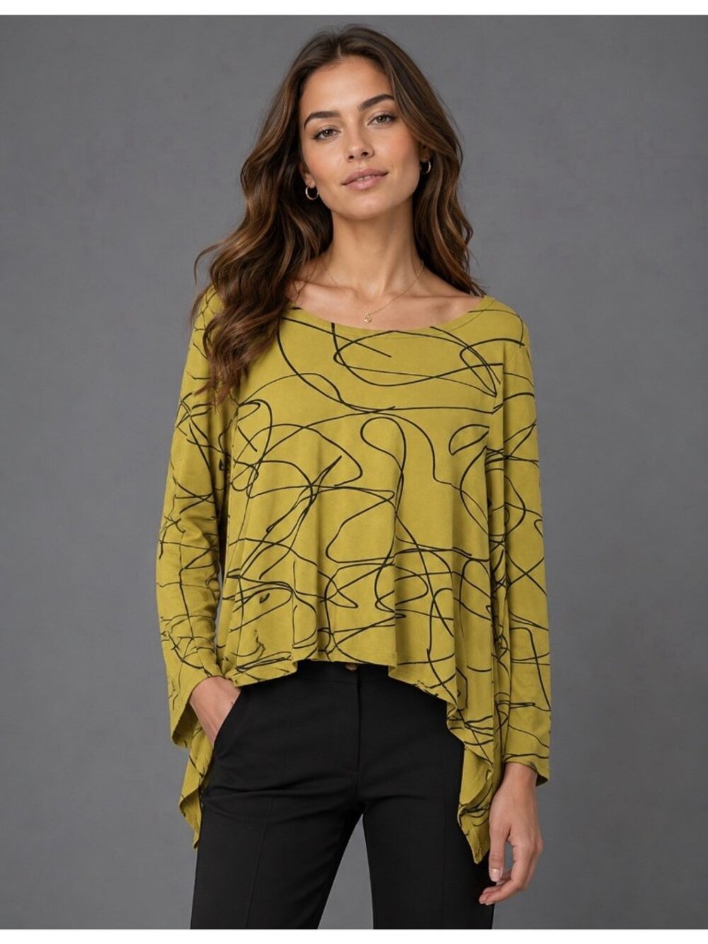 KOZAN Womens S Asymmetrical Tunic Top Chartreuse/Black Lagenlook Artsy Print